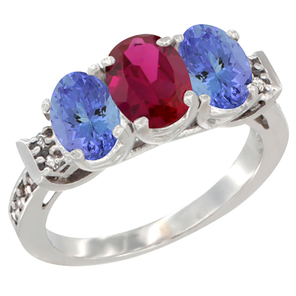 10K White Gold Enhanced Ruby & Natural Tanzanite Sides Ring 3-Stone Oval 7x5 mm Diamond Accent, sizes 5 - 10