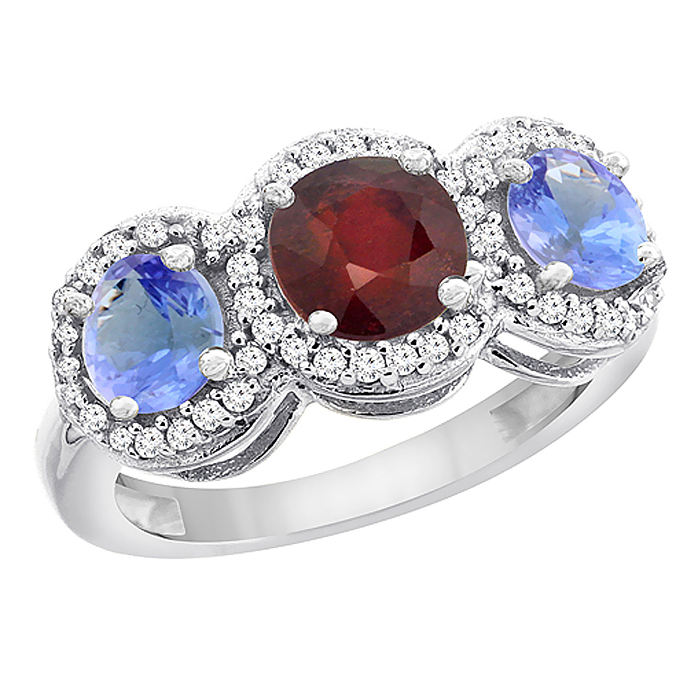 14K White Gold Enhanced Ruby &amp; Tanzanite Sides Round 3-stone Ring Diamond Accents, sizes 5 - 10