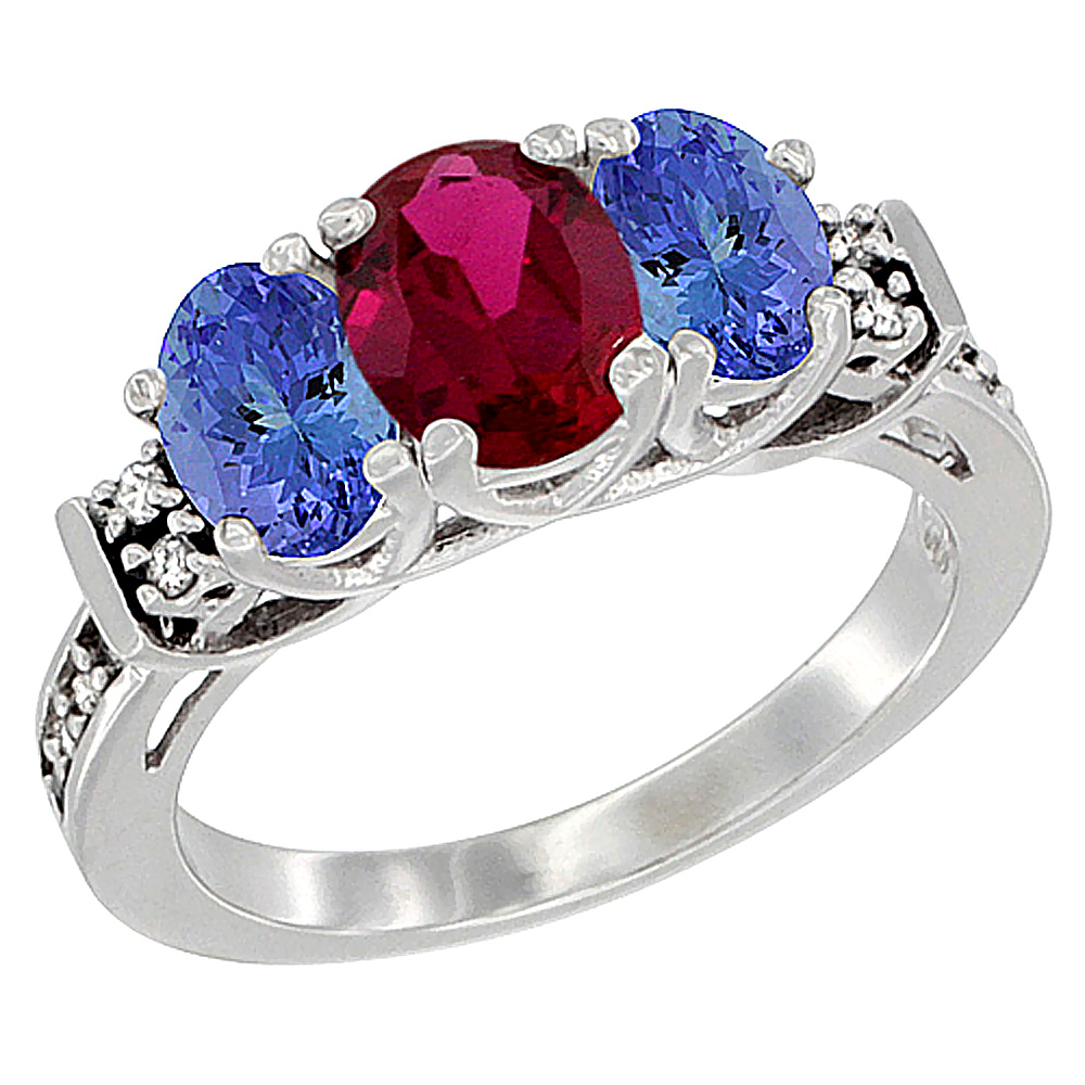 10K White Gold Natural Quality Ruby & Tanzanite 3-stone Mothers Ring Oval Diamond Accent, size 5-10