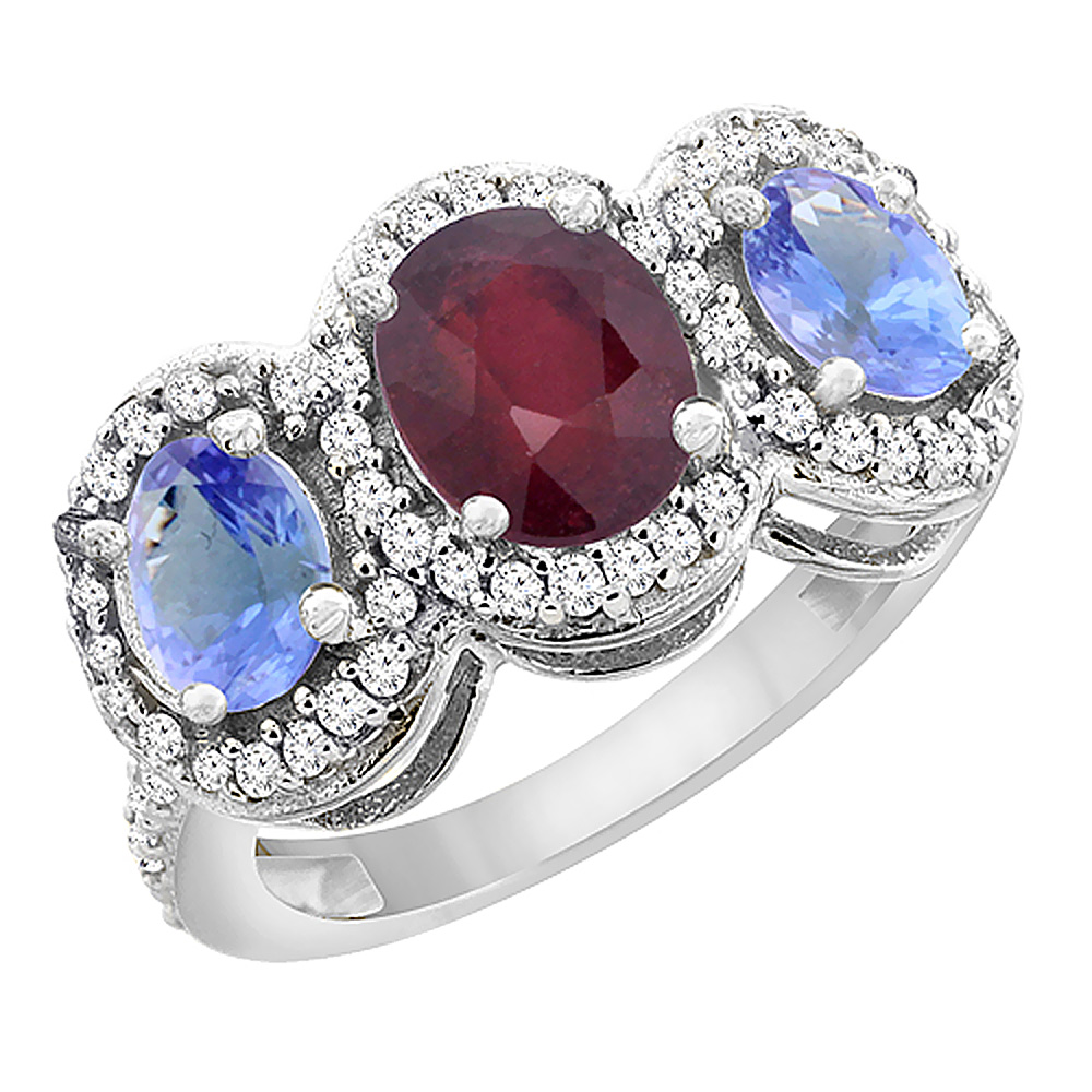 10K White Gold Natural Quality Ruby & Tanzanite 3-stone Mothers Ring Oval Diamond Accent, size 5 - 10