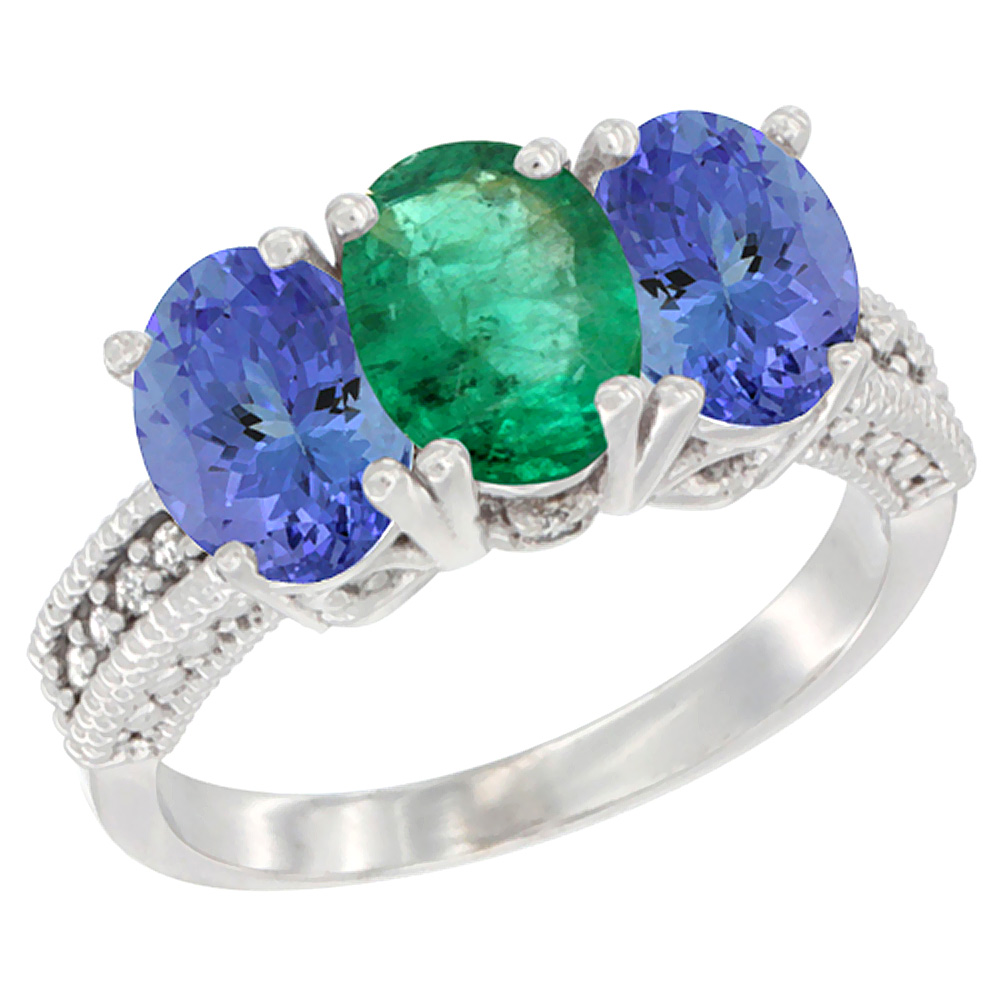 14K White Gold Natural Emerald Ring with Tanzanite 3-Stone 7x5 mm Oval Diamond Accent, sizes 5 - 10