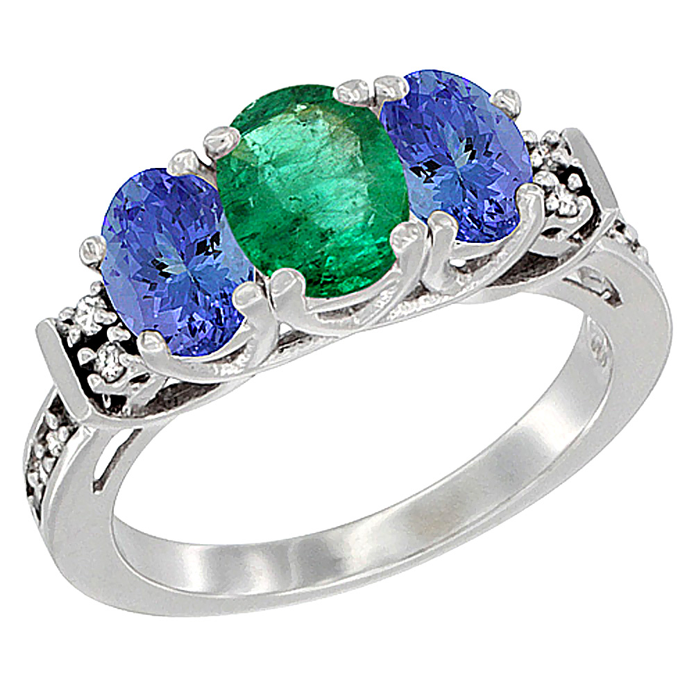 14K White Gold Natural Emerald &amp; Tanzanite Ring 3-Stone Oval Diamond Accent, sizes 5-10