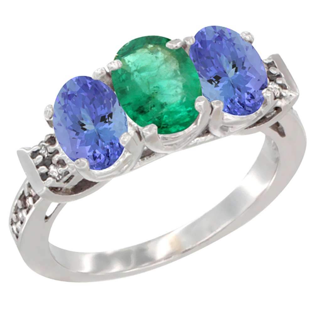 10K White Gold Natural Emerald &amp; Tanzanite Sides Ring 3-Stone Oval 7x5 mm Diamond Accent, sizes 5 - 10