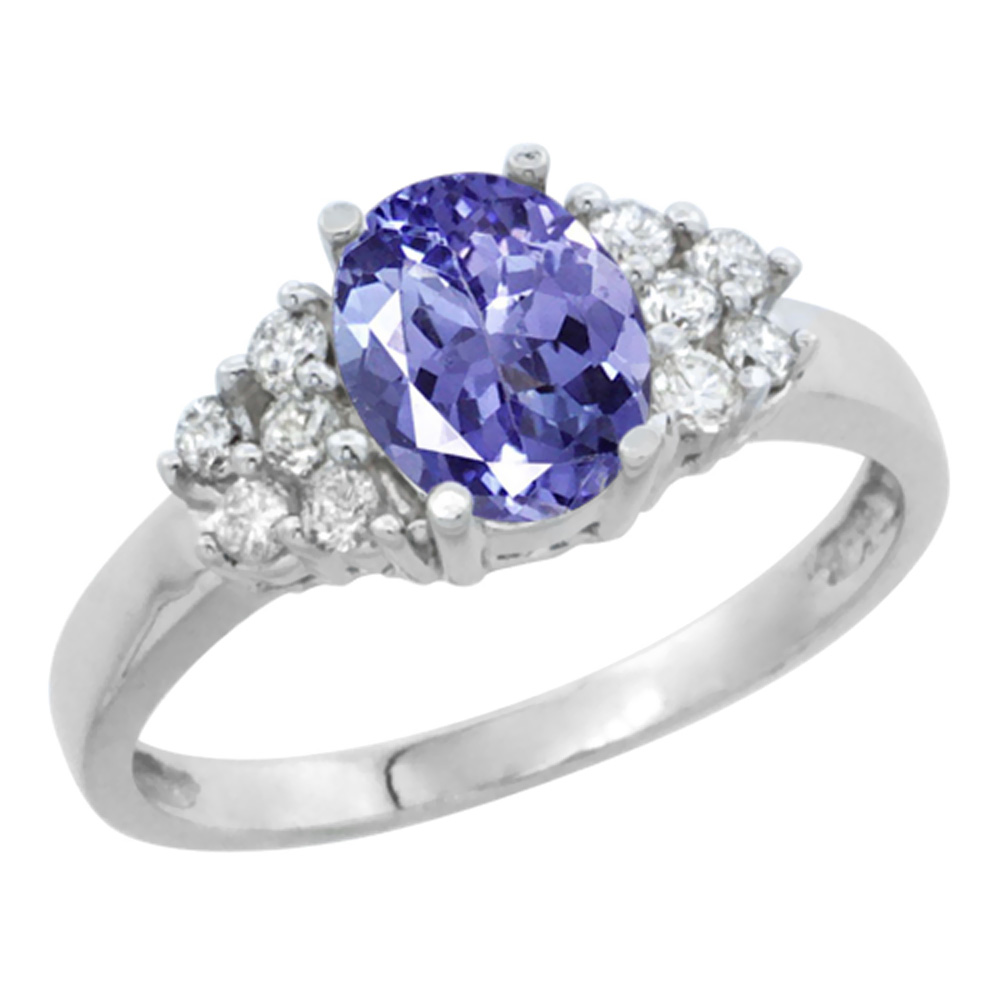 14K White Gold Natural Tanzanite Ring Oval 8x6mm Diamond Accent, sizes 5-10