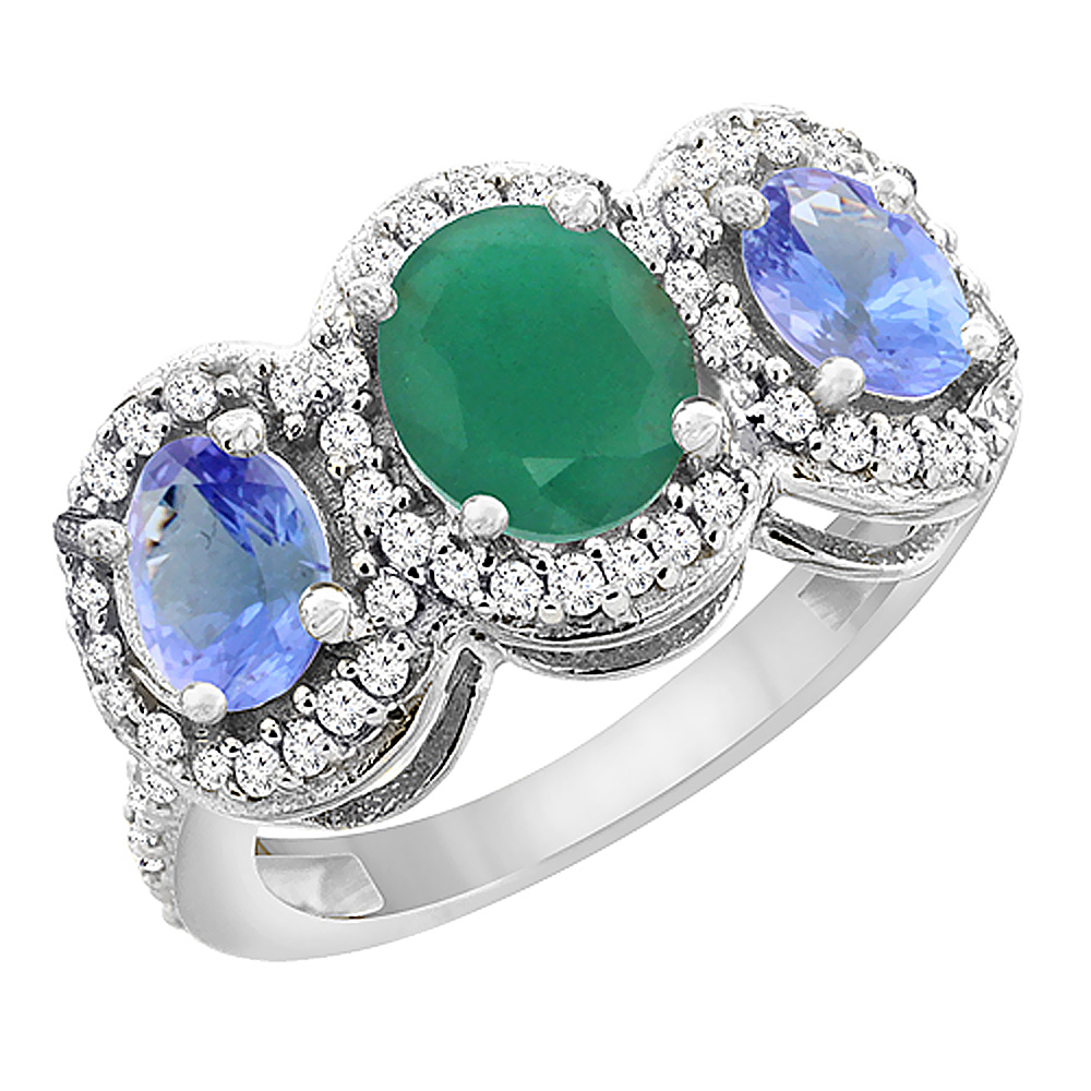 10K White Gold Natural Quality Emerald &amp; Tanzanite 3-stone Mothers Ring Oval Diamond Accent, size 5 - 10