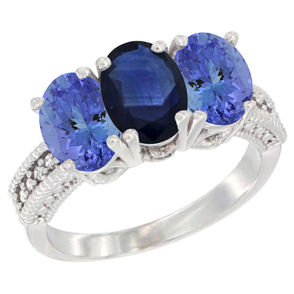 14K White Gold Natural Blue Sapphire Ring with Tanzanite 3-Stone 7x5 mm Oval Diamond Accent, sizes 5 - 10