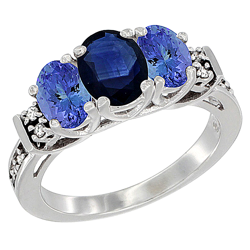 14K White Gold Natural Blue Sapphire &amp; Tanzanite Ring 3-Stone Oval Diamond Accent, sizes 5-10
