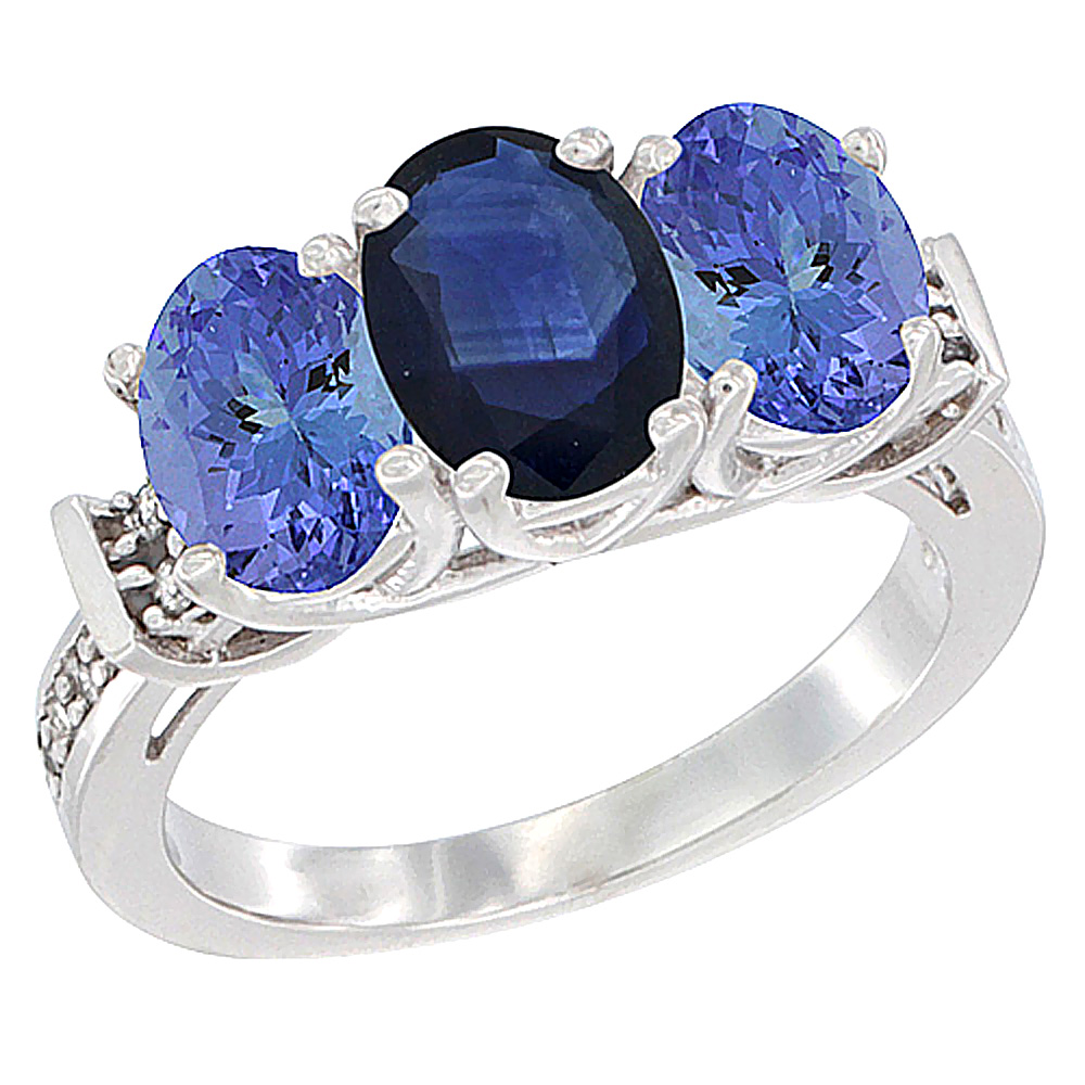 14K White Gold Natural Blue Sapphire & Tanzanite Sides Ring 3-Stone Oval Diamond Accent, sizes 5 - 10