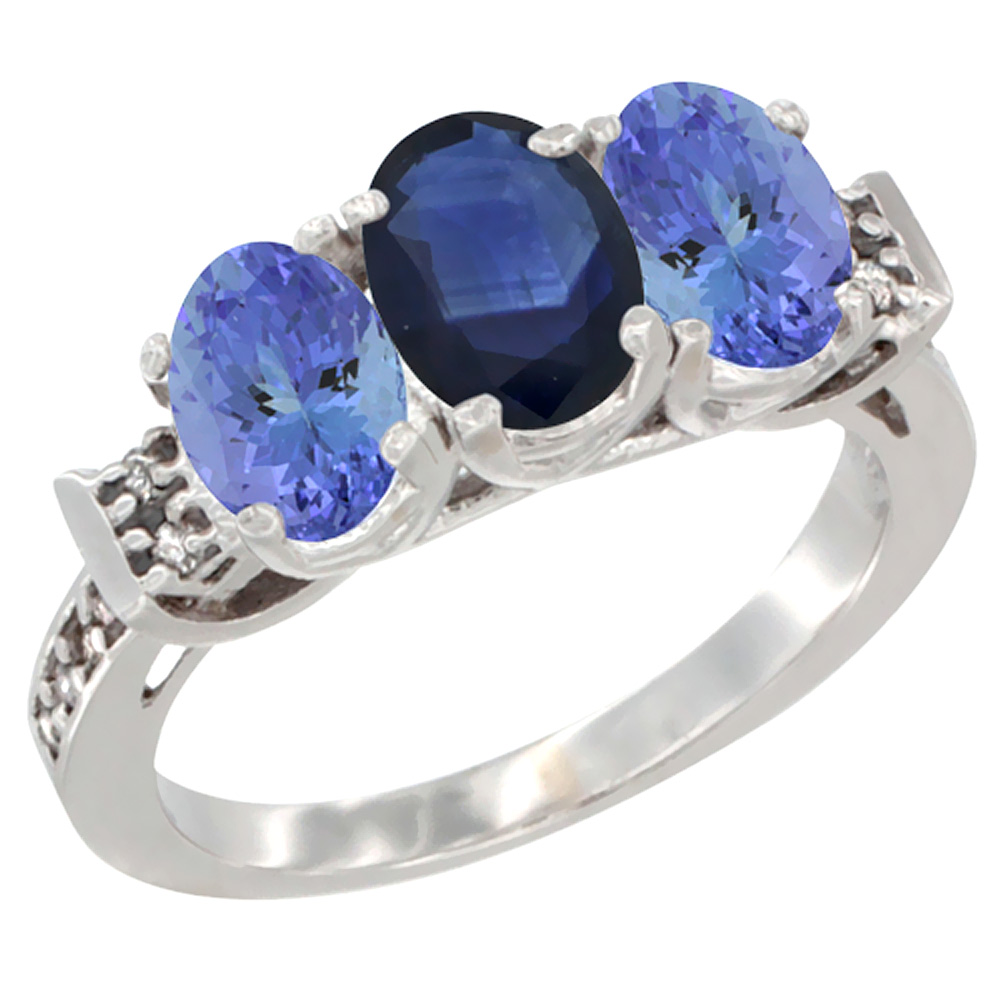 14K White Gold Natural Blue Sapphire &amp; Tanzanite Ring 3-Stone 7x5 mm Oval Diamond Accent, sizes 5 - 10