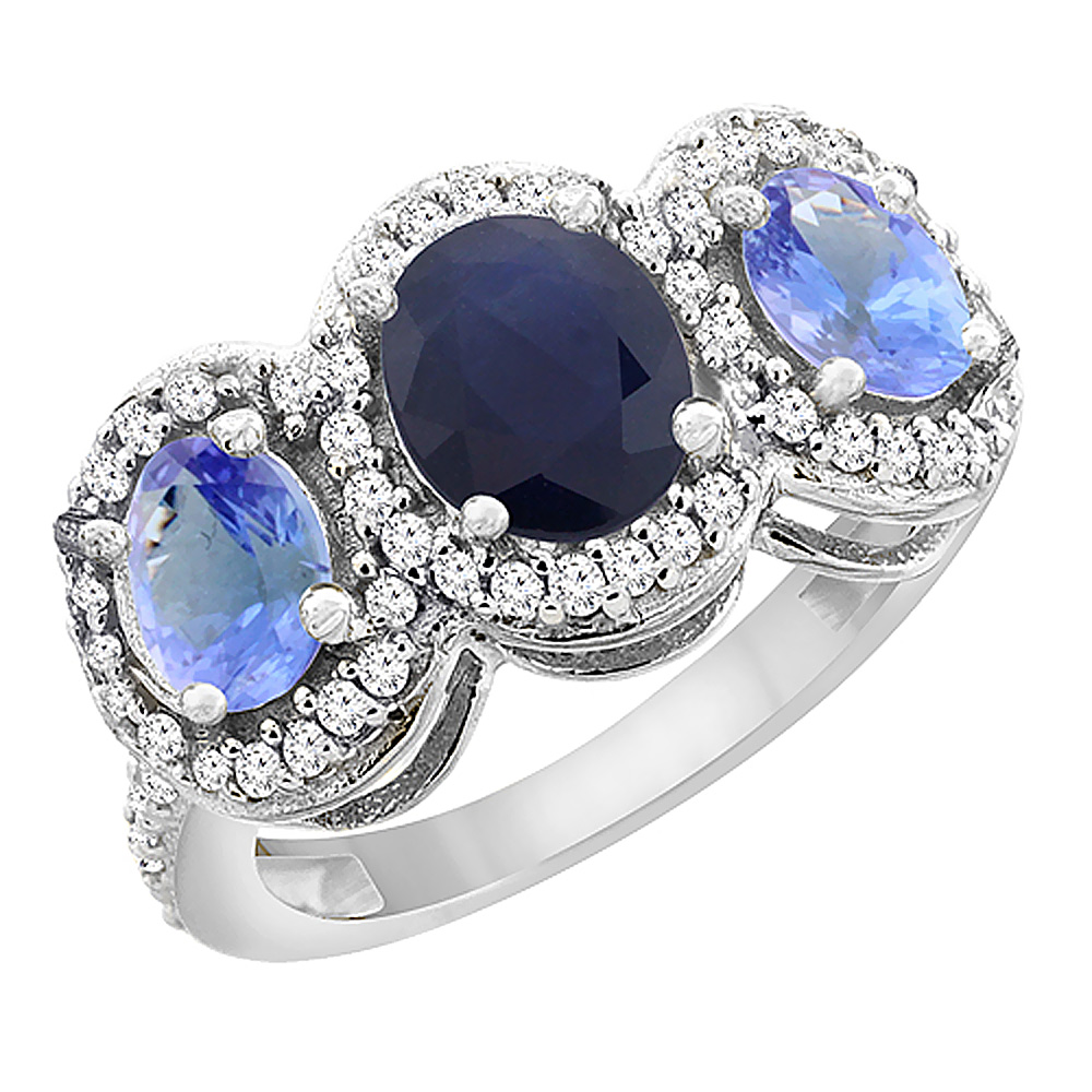 14K White Gold Natural Blue Sapphire & Tanzanite 3-Stone Ring Oval Diamond Accent, sizes 5 - 10