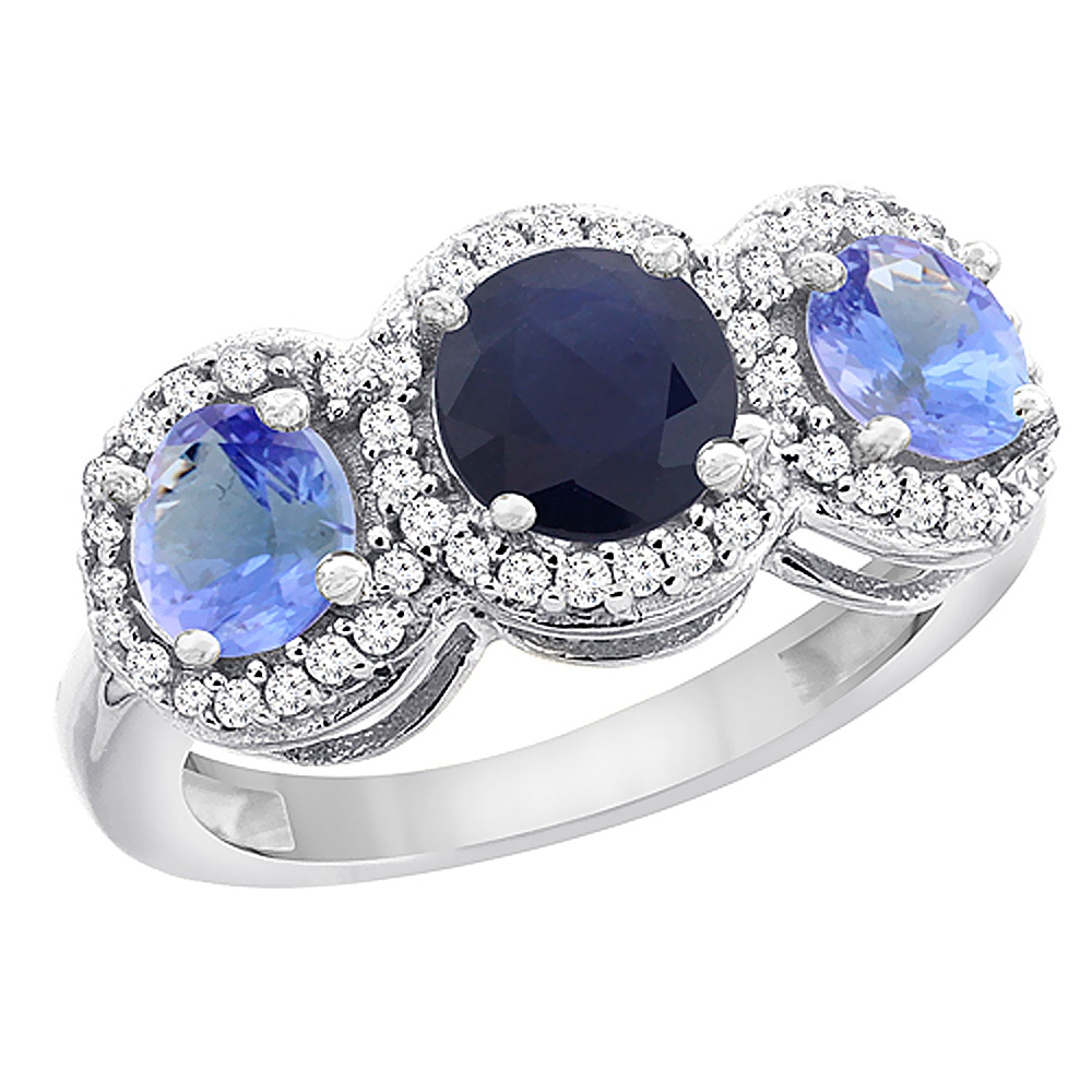 14K White Gold Natural High Quality Blue Sapphire &amp; Tanzanite Sides Round 3-stone Ring Diamond Accents, sizes 5 - 10