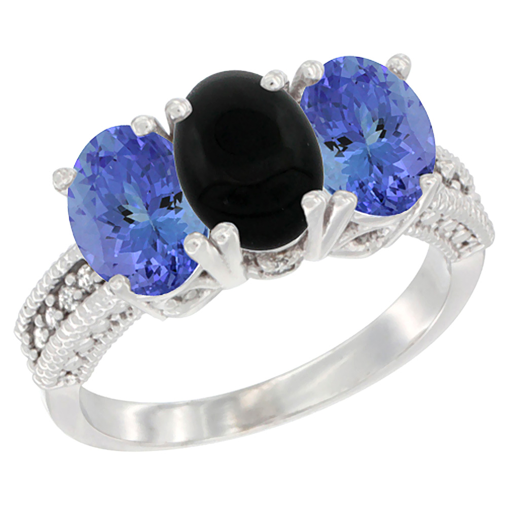 14K White Gold Natural Black Onyx Ring with Tanzanite 3-Stone 7x5 mm Oval Diamond Accent, sizes 5 - 10