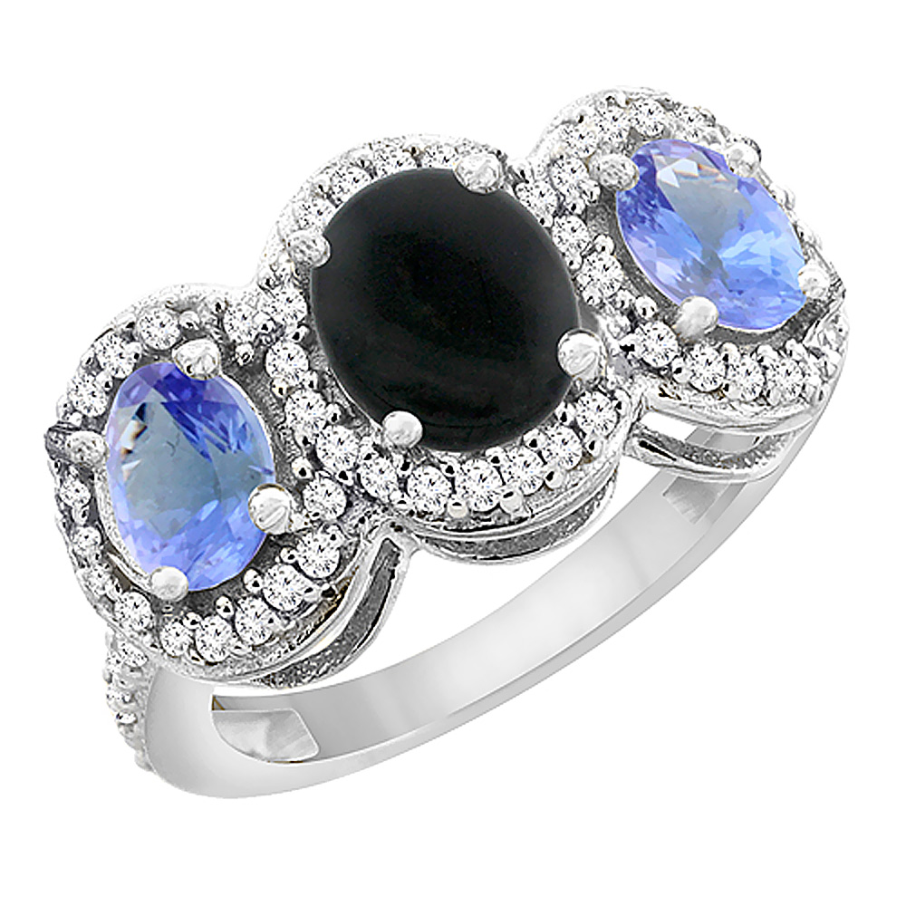 14K White Gold Natural Black Onyx & Tanzanite 3-Stone Ring Oval Diamond Accent, sizes 5 - 10