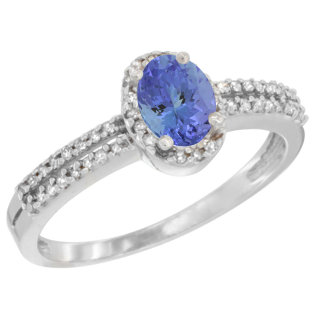 14K White Gold Natural Tanzanite Ring Oval 6x4mm Diamond Accent, sizes 5-10