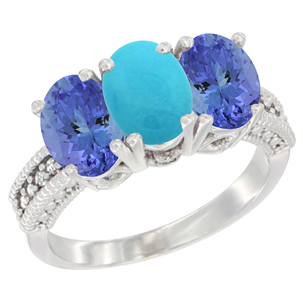 14K White Gold Natural Turquoise Ring with Tanzanite 3-Stone 7x5 mm Oval Diamond Accent, sizes 5 - 10