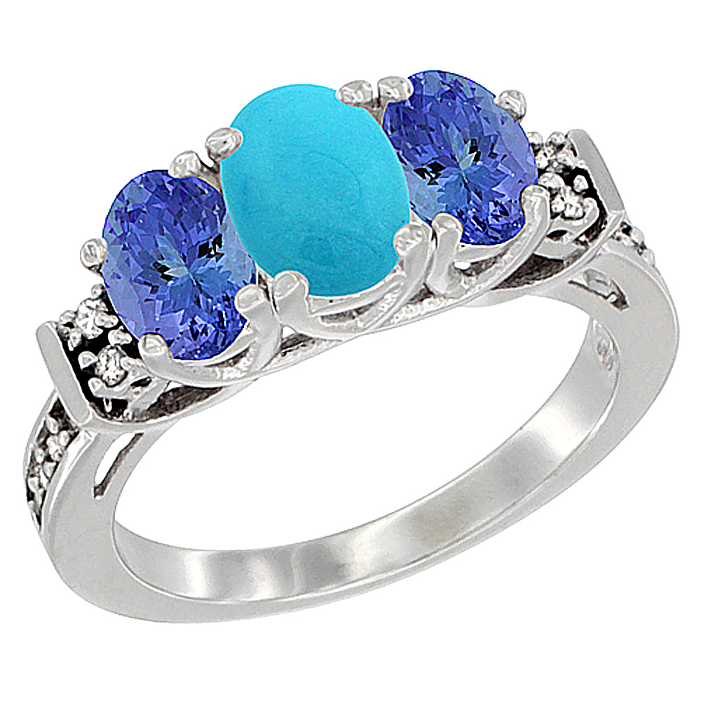 14K White Gold Natural Turquoise &amp; Tanzanite Ring 3-Stone Oval Diamond Accent, sizes 5-10