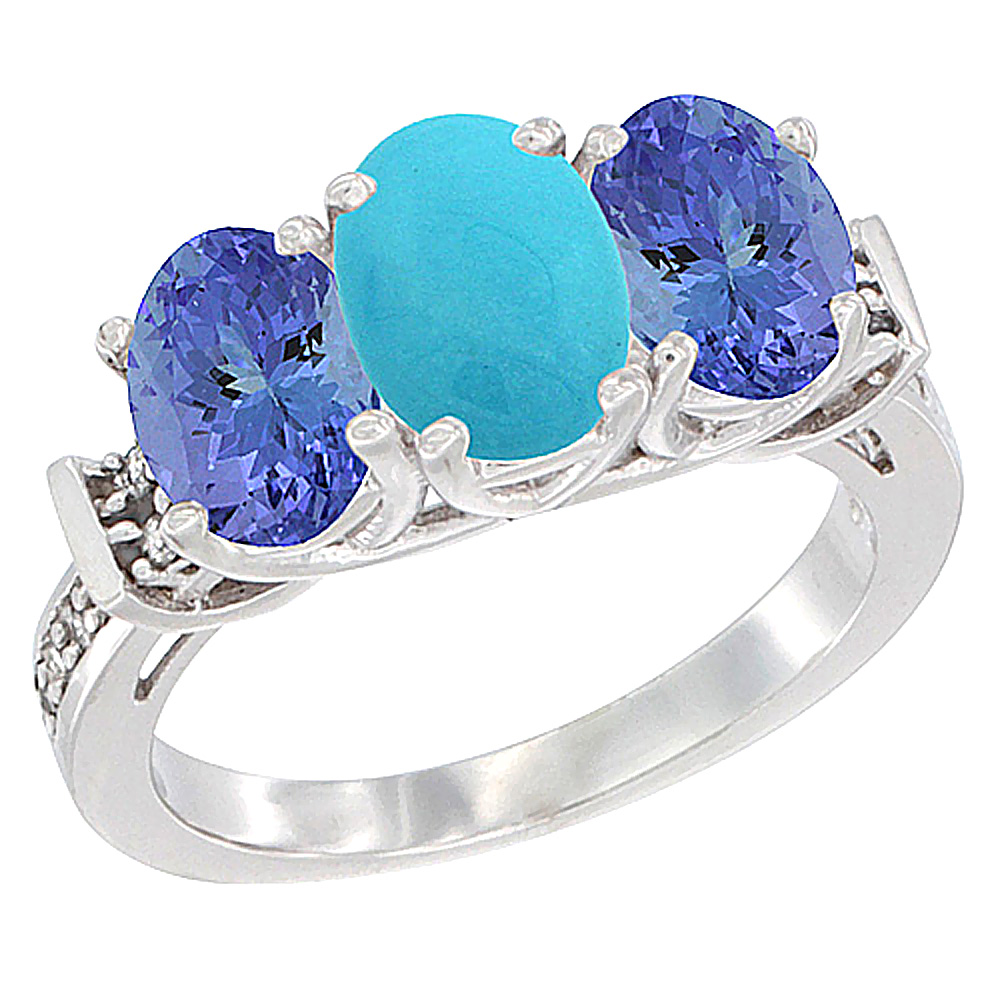 14K White Gold Natural Turquoise &amp; Tanzanite Sides Ring 3-Stone Oval Diamond Accent, sizes 5 - 10