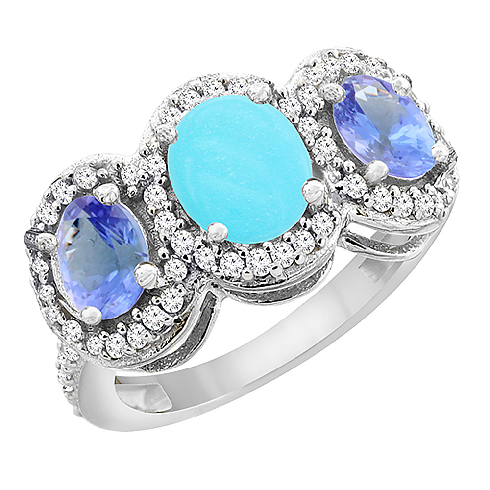 14K White Gold Natural Turquoise & Tanzanite 3-Stone Ring Oval Diamond Accent, sizes 5 - 10