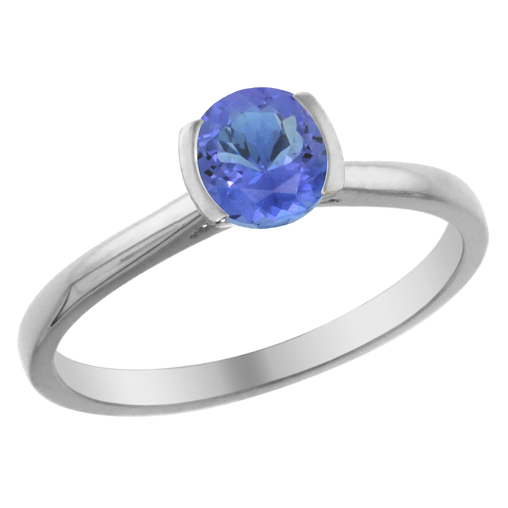 14K White Gold Natural Tanzanite Solitaire Ring Round 5mm, sizes 5 - 10