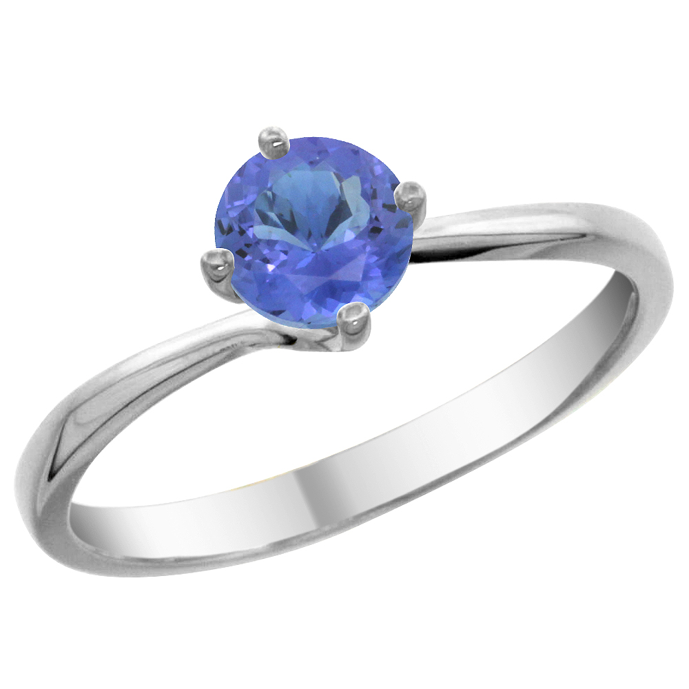14K White Gold Natural Tanzanite Solitaire Ring Round 6mm, sizes 5 - 10