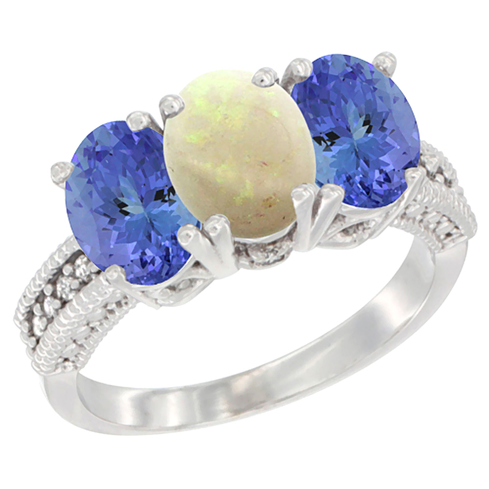 14K White Gold Natural Opal Ring with Tanzanite 3-Stone 7x5 mm Oval Diamond Accent, sizes 5 - 10
