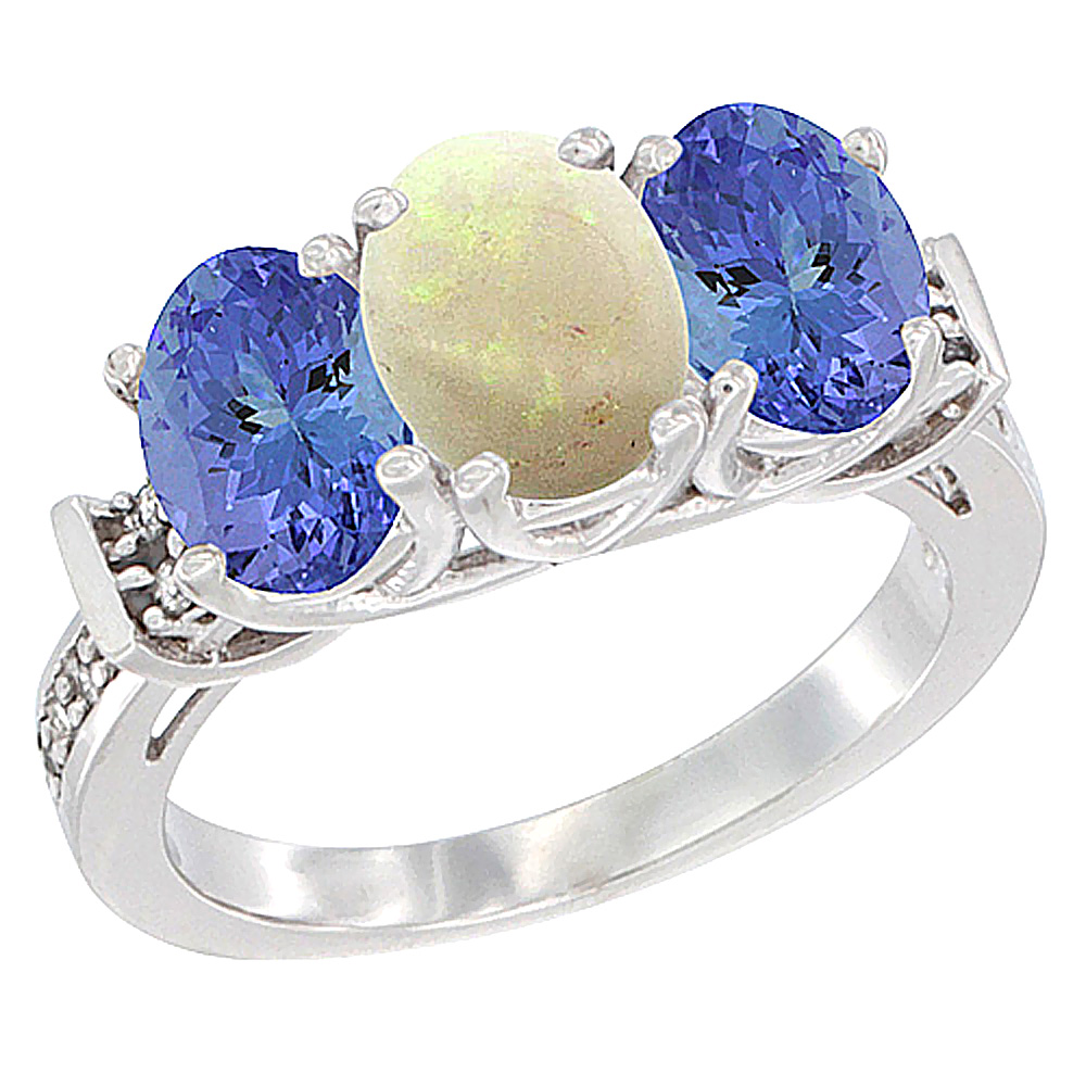 10K White Gold Natural Opal &amp; Tanzanite Sides Ring 3-Stone Oval Diamond Accent, sizes 5 - 10