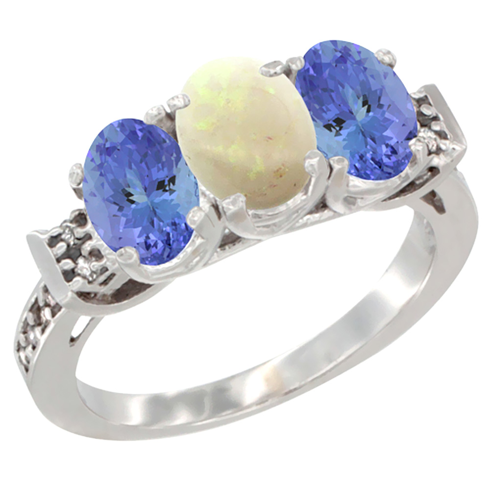 14K White Gold Natural Opal &amp; Tanzanite Ring 3-Stone 7x5 mm Oval Diamond Accent, sizes 5 - 10