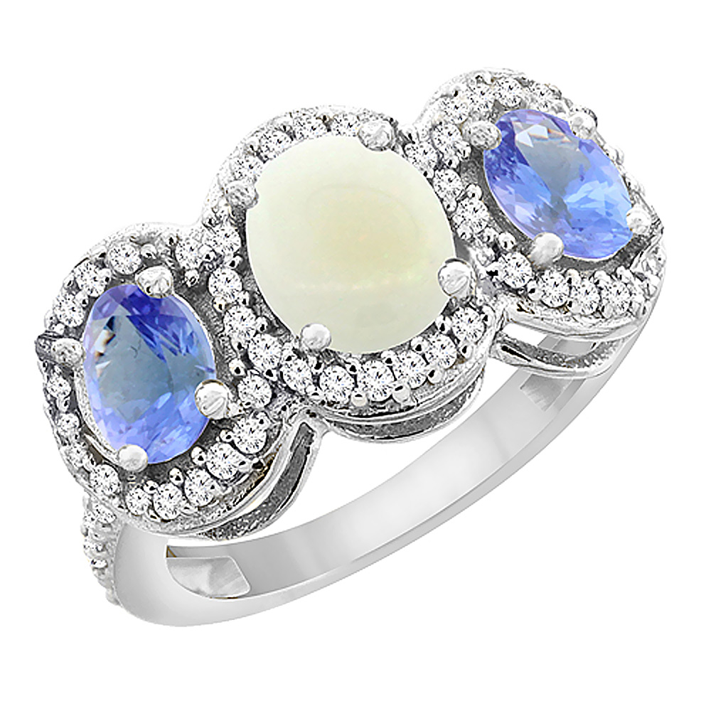 10K White Gold Natural Opal &amp; Tanzanite 3-Stone Ring Oval Diamond Accent, sizes 5 - 10
