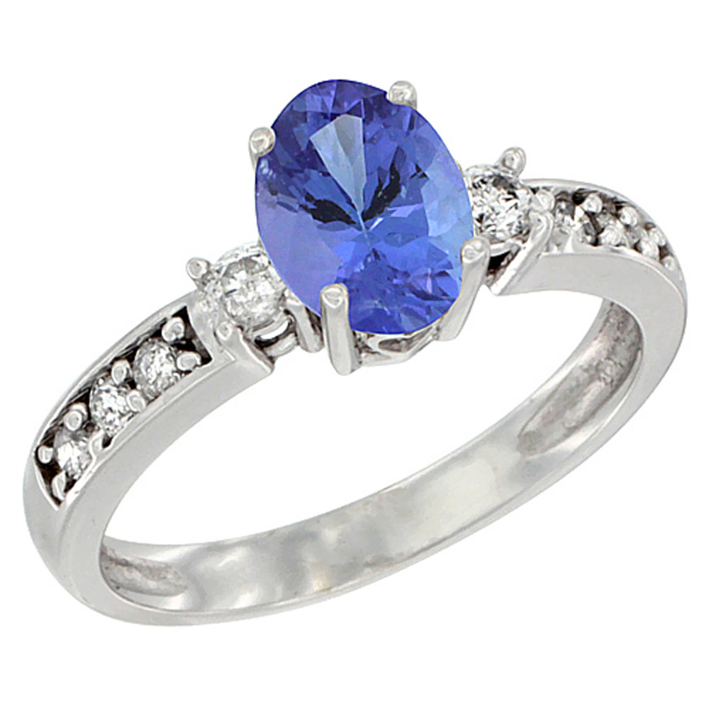14K White Gold Natural Tanzanite Ring Oval 7x5 mm Diamond Accent, sizes 5 - 10