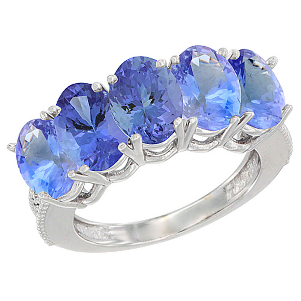 10K White Gold Natural Tanzanite 0.77 ct. Oval 7x5mm 5-Stone Mother's Ring with Diamond Accents, sizes 5 to 10 with half sizes
