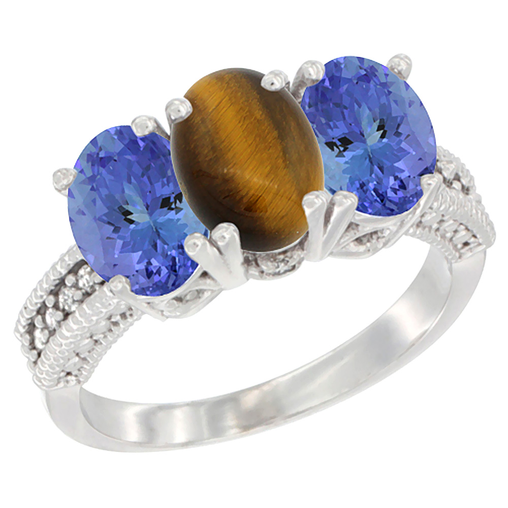 14K White Gold Natural Tiger Eye Ring with Tanzanite 3-Stone 7x5 mm Oval Diamond Accent, sizes 5 - 10