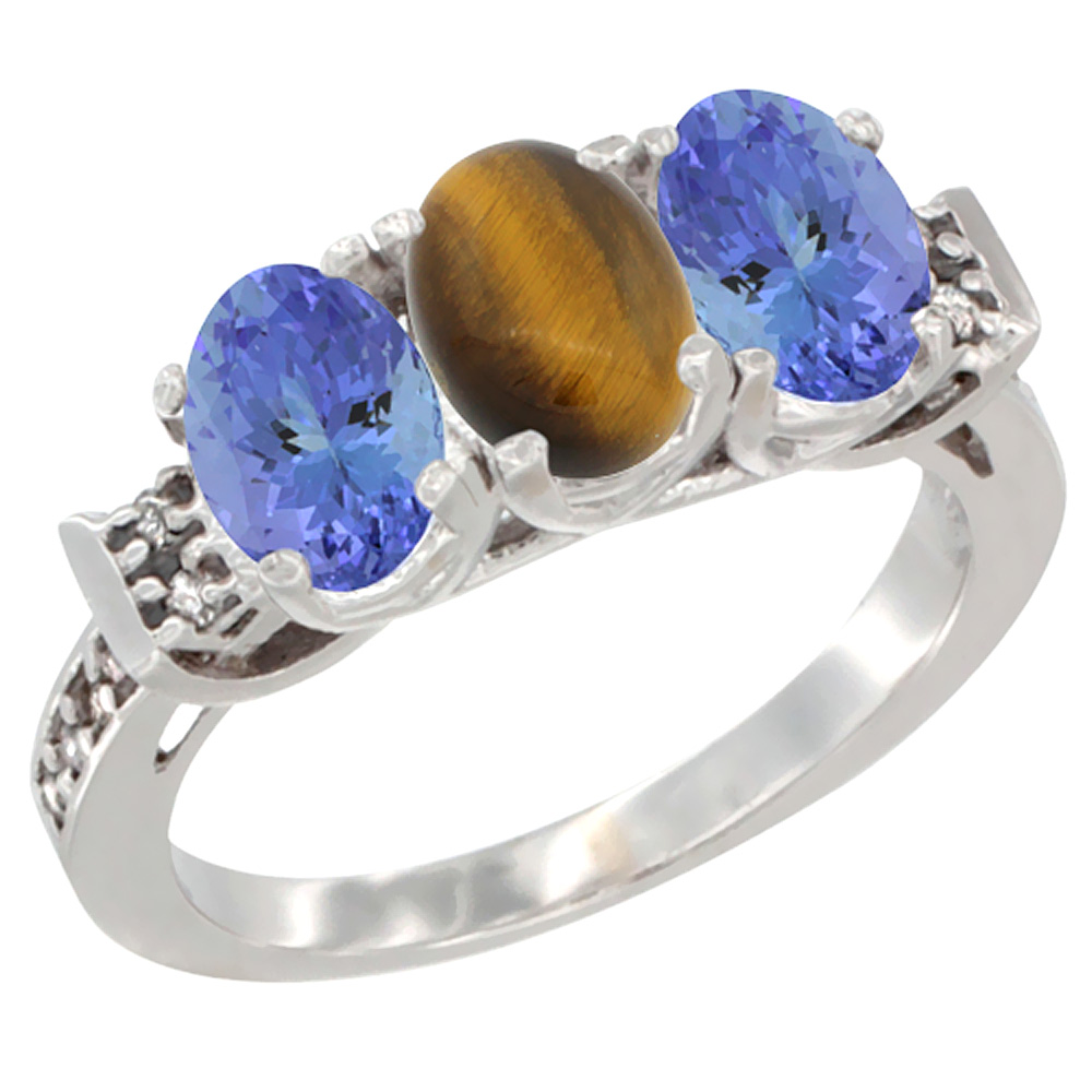 10K White Gold Natural Tiger Eye &amp; Tanzanite Sides Ring 3-Stone Oval 7x5 mm Diamond Accent, sizes 5 - 10