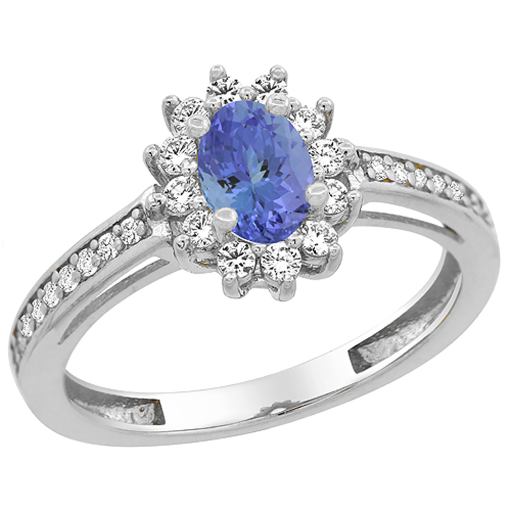 14K White Gold Natural Tanzanite Flower Halo Ring Oval 6x4mm Diamond Accents, sizes 5 - 10