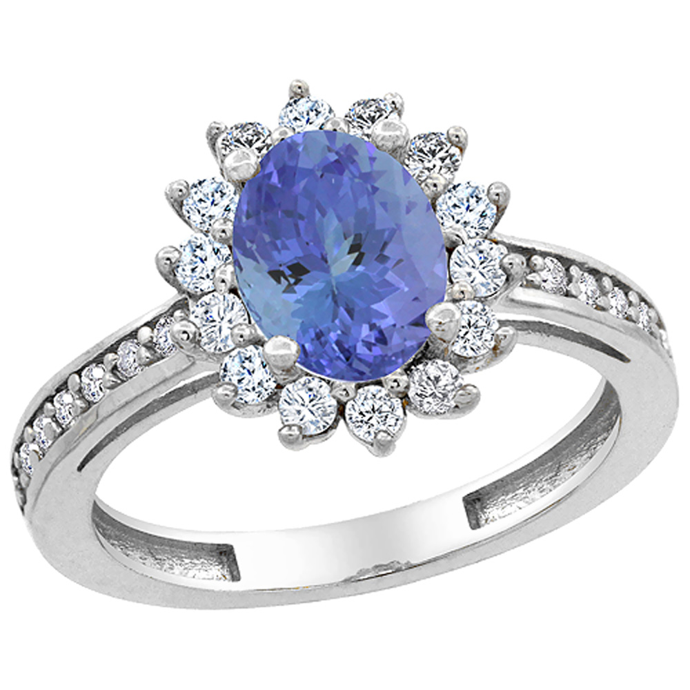 14K White Gold Natural Tanzanite Floral Halo Ring Oval 8x6mm Diamond Accents, sizes 5 - 10
