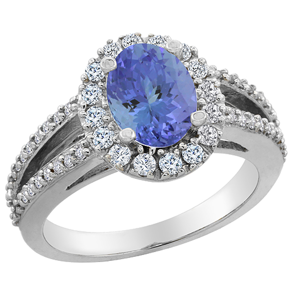 14K White Gold Natural Tanzanite Halo Ring Oval 8x6 mm with Diamond Accents, sizes 5 - 10