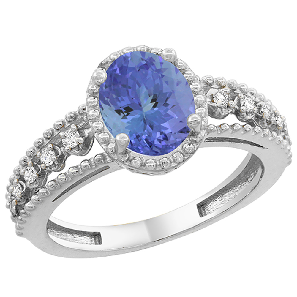 14K White Gold Natural Tanzanite Ring Oval 8x6 mm Floating Diamond Accents, sizes 5 - 10