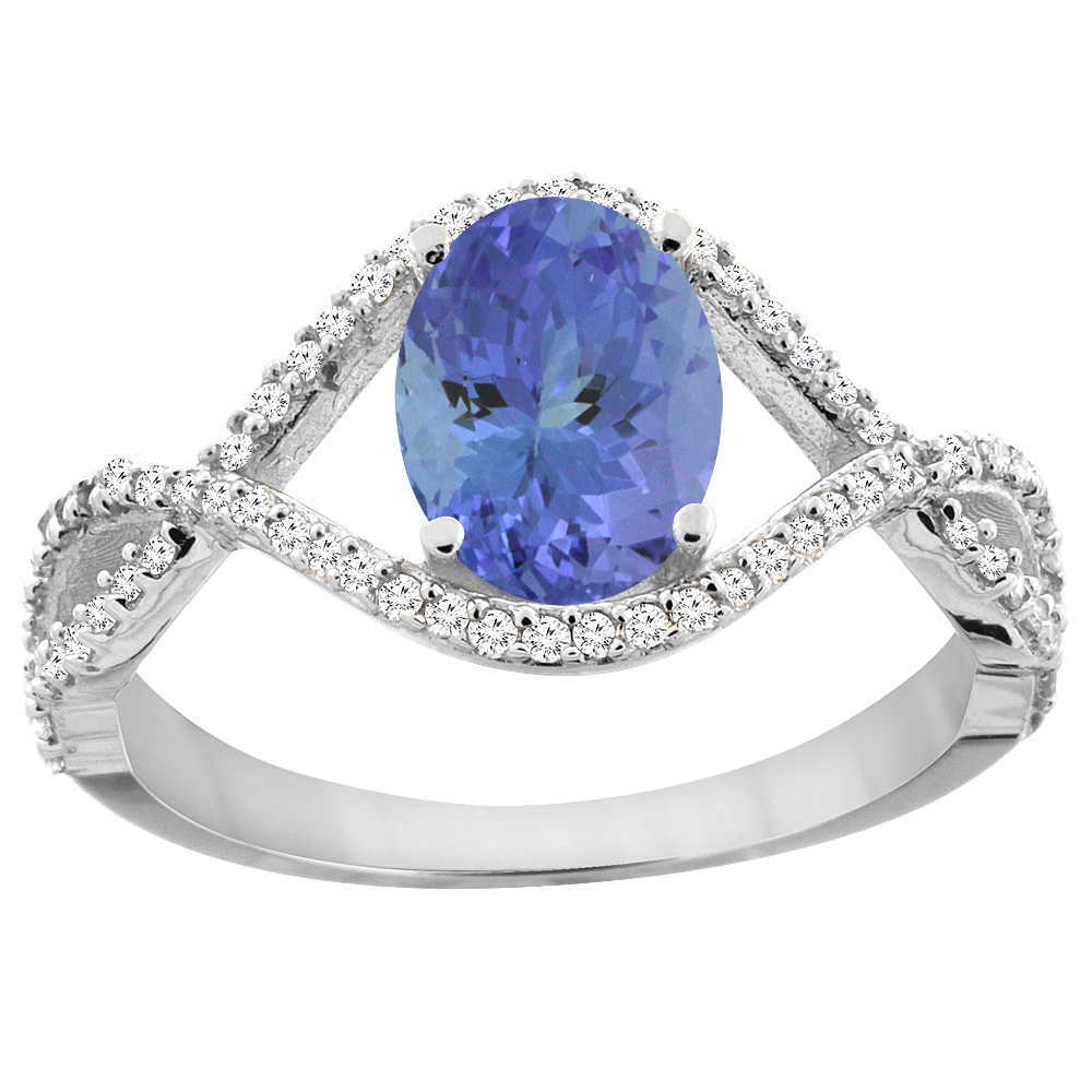 14K White Gold Natural Tanzanite Ring Oval 8x6 mm Infinity Diamond Accents, sizes 5 - 10