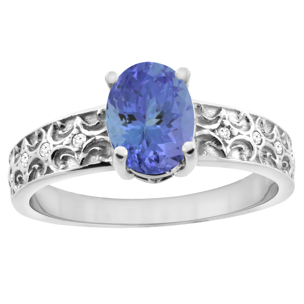 14K White Gold Natural Tanzanite Ring Oval 8x6 mm Diamond Accents, sizes 5 - 10