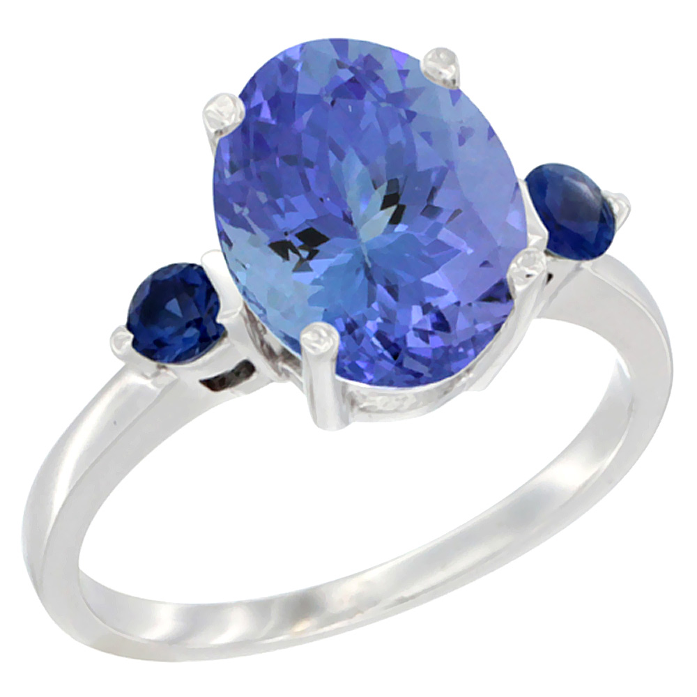 14K White Gold 10x8mm Oval Natural Tanzanite Ring for Women Blue Sapphire Side-stones sizes 5 - 10