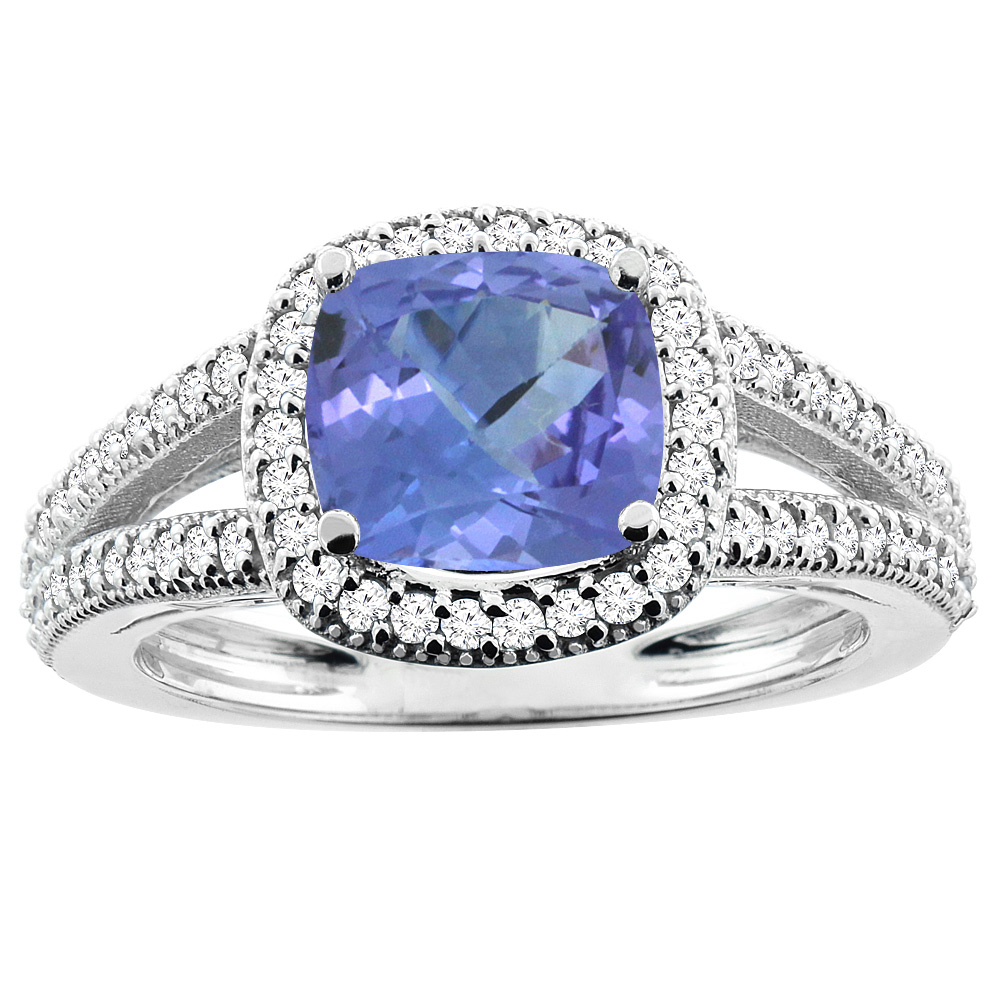 10K White Gold Natural Tanzanite Ring Cushion 7x7mm Diamond Accent 3/8 inch wide, sizes 5 - 10
