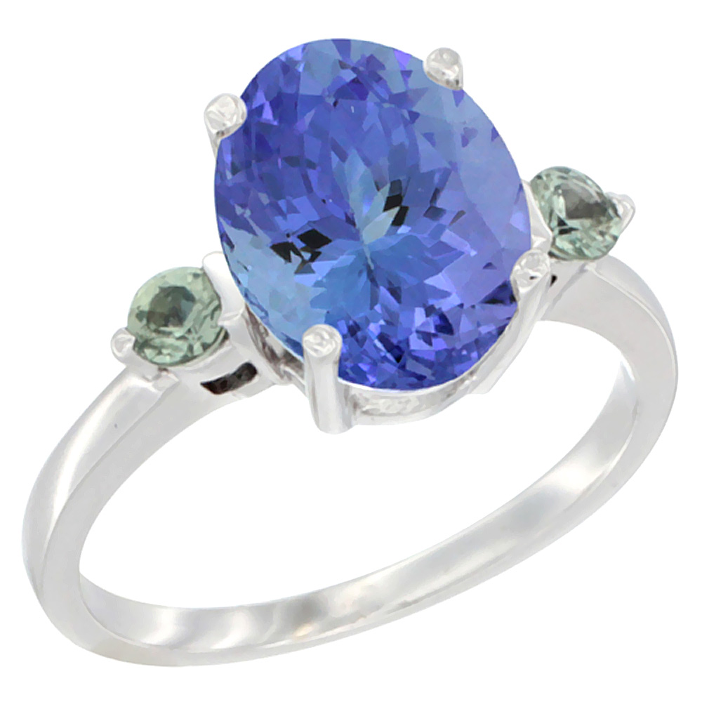 14K White Gold 10x8mm Oval Natural Tanzanite Ring for Women Green Sapphire Side-stones sizes 5 - 10