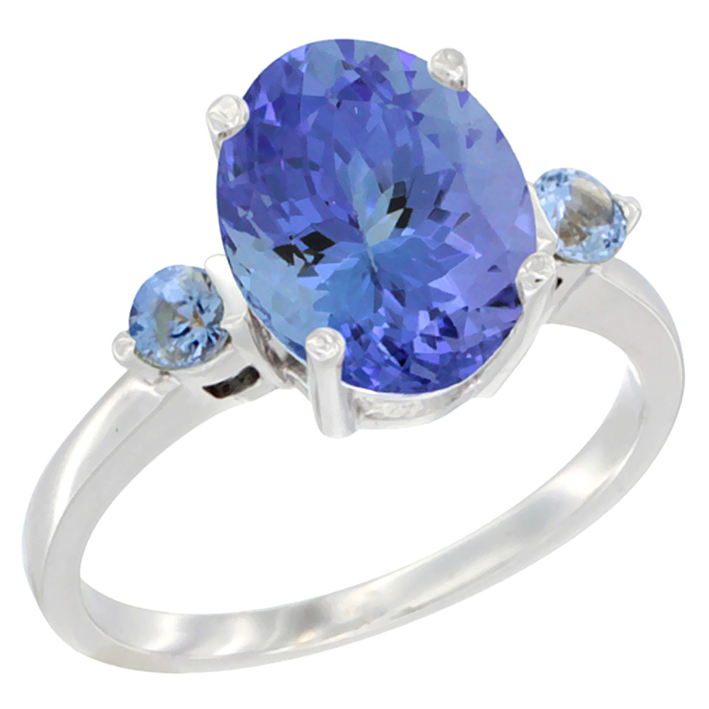 14K White Gold 10x8mm Oval Natural Tanzanite Ring for Women Light Blue Sapphire Side-stones sizes 5 - 10