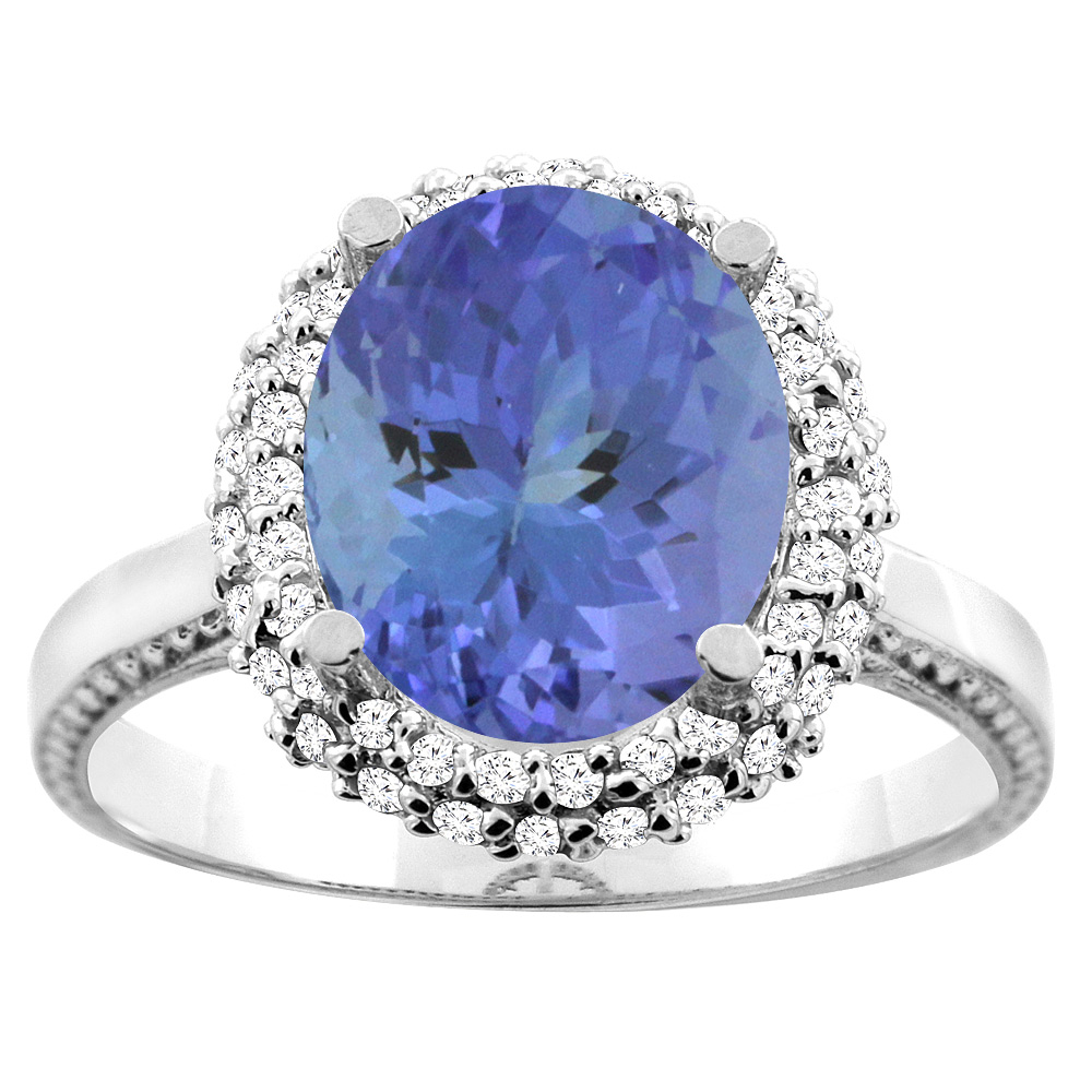 10K White/Yellow Gold Natural Tanzanite Double Halo Ring Oval 10x8mm Diamond Accent, sizes 5 - 10