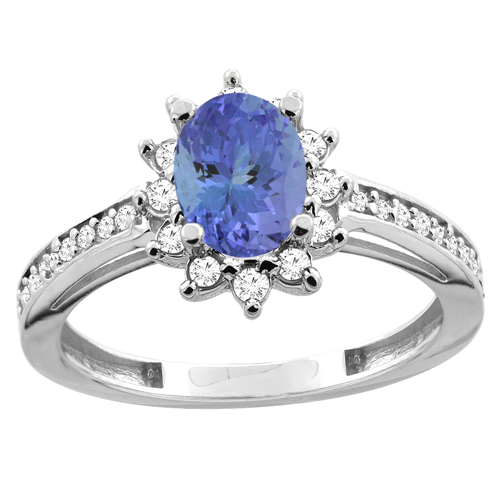 10K White/Yellow Gold Diamond Natural Tanzanite Floral Halo Engagement Ring Oval 7x5mm, sizes 5 - 10