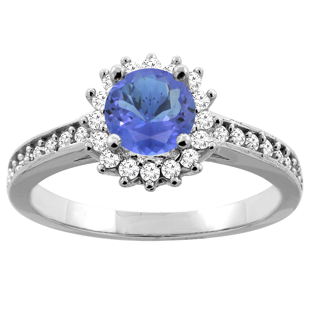 10K Gold Natural Tanzanite Floral Halo Diamond Engagement Ring Round 6mm, sizes 5 - 10