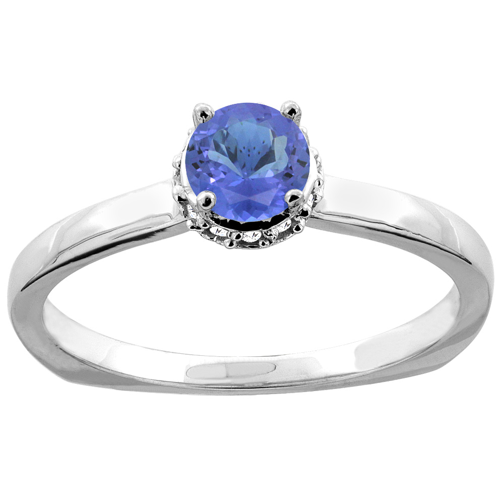 10K Gold Natural Tanzanite Solitaire Engagement Ring Round 4mm Diamond Accents, sizes 5 - 10