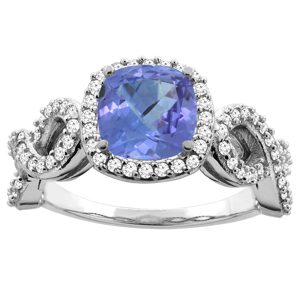 14K White Gold Natural 7mm Cushion Cut Tanzanite Engagement Ring for Women Eternity Pattern Diamond Accent sizes 5-10