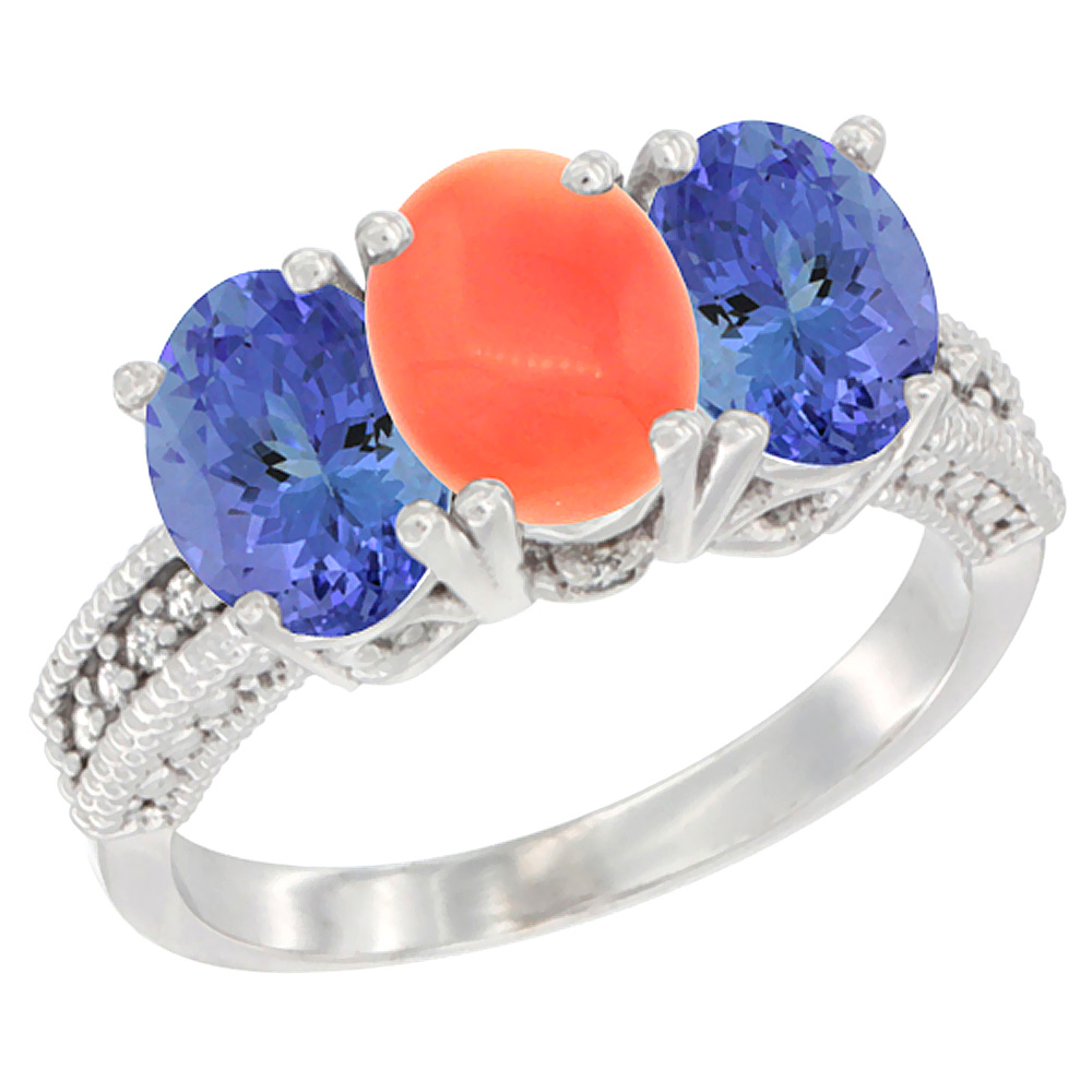 14K White Gold Natural Coral Ring with Tanzanite 3-Stone 7x5 mm Oval Diamond Accent, sizes 5 - 10