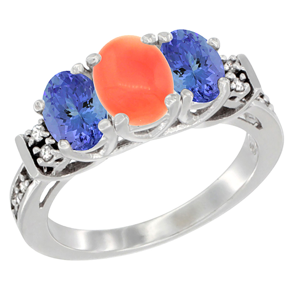 14K White Gold Natural Coral &amp; Tanzanite Ring 3-Stone Oval Diamond Accent, sizes 5-10