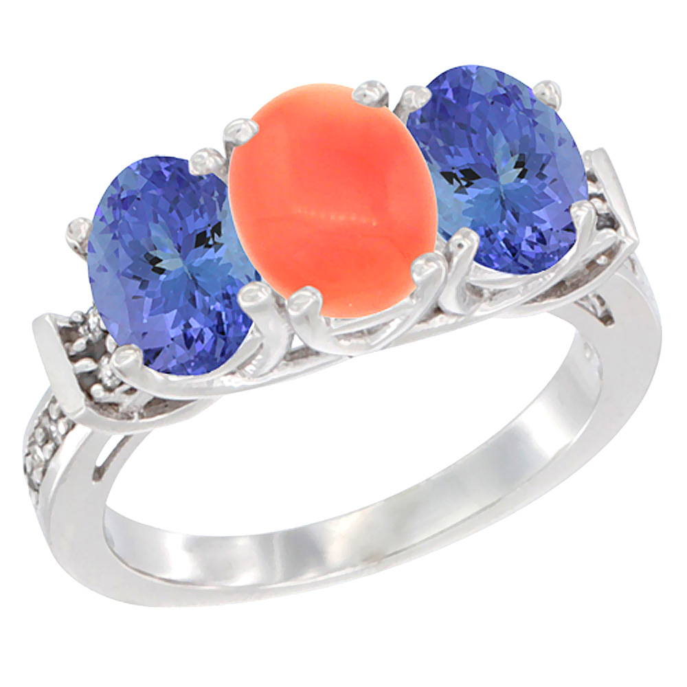 14K White Gold Natural Coral & Tanzanite Sides Ring 3-Stone Oval Diamond Accent, sizes 5 - 10
